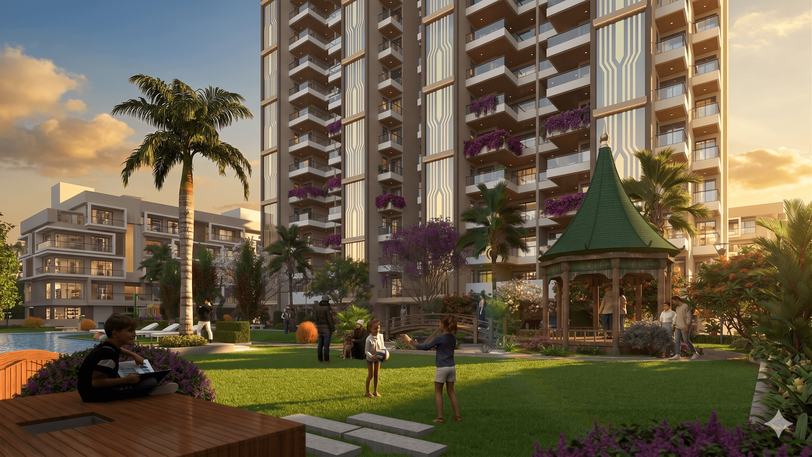 Golden Era Home — tower with central gazebo, palms and landscaped community garden