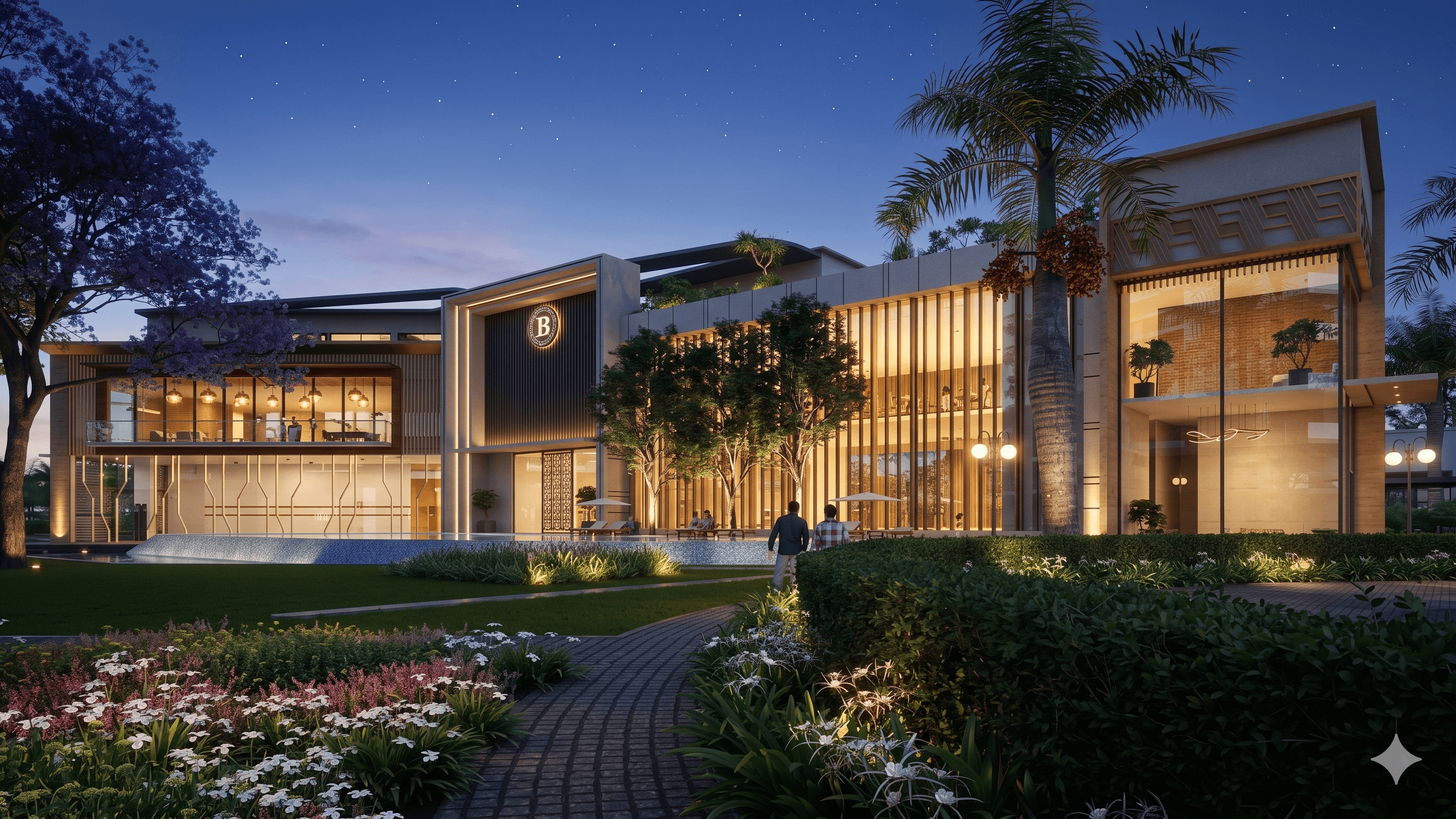 Affinity Belgravia — Clubhouse exterior at dusk